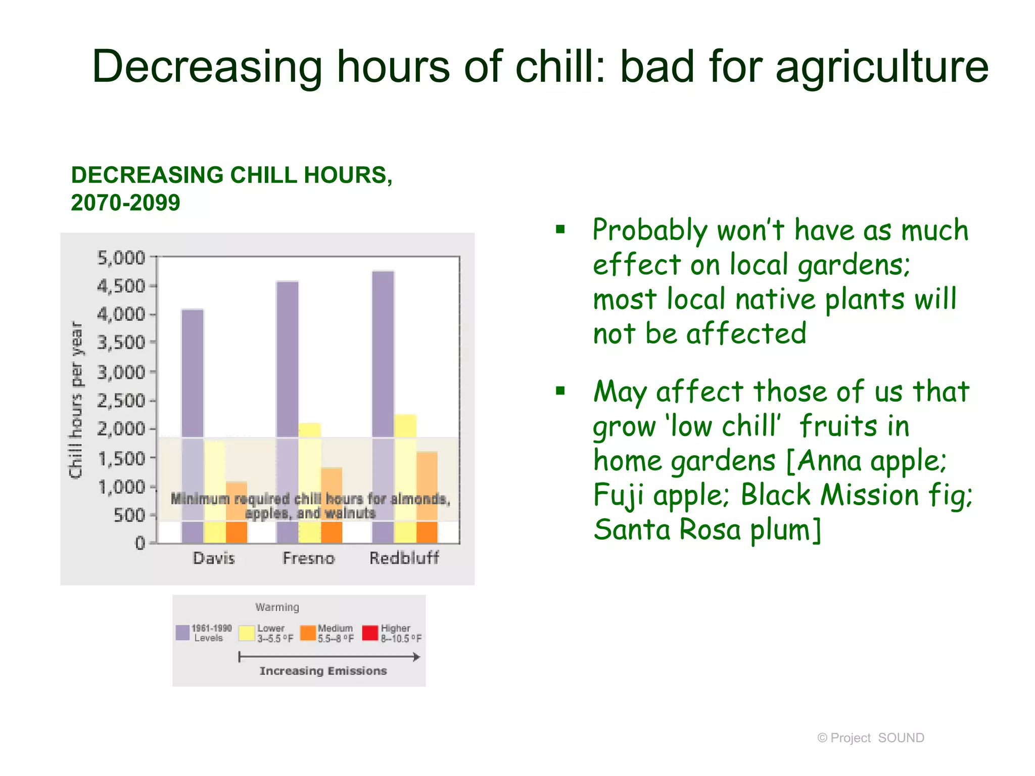 Decreasing hours of chill: bad for agriculture
DECREASING CHILL HOURS,
2070-2099

 Probably won’t have as much
effect on local gardens;
most local native plants will
not be affected
 May affect those of us that
grow ‘low chill’ fruits in
home gardens [Anna apple;
Fuji apple; Black Mission fig;
Santa Rosa plum]

© Project SOUND

 