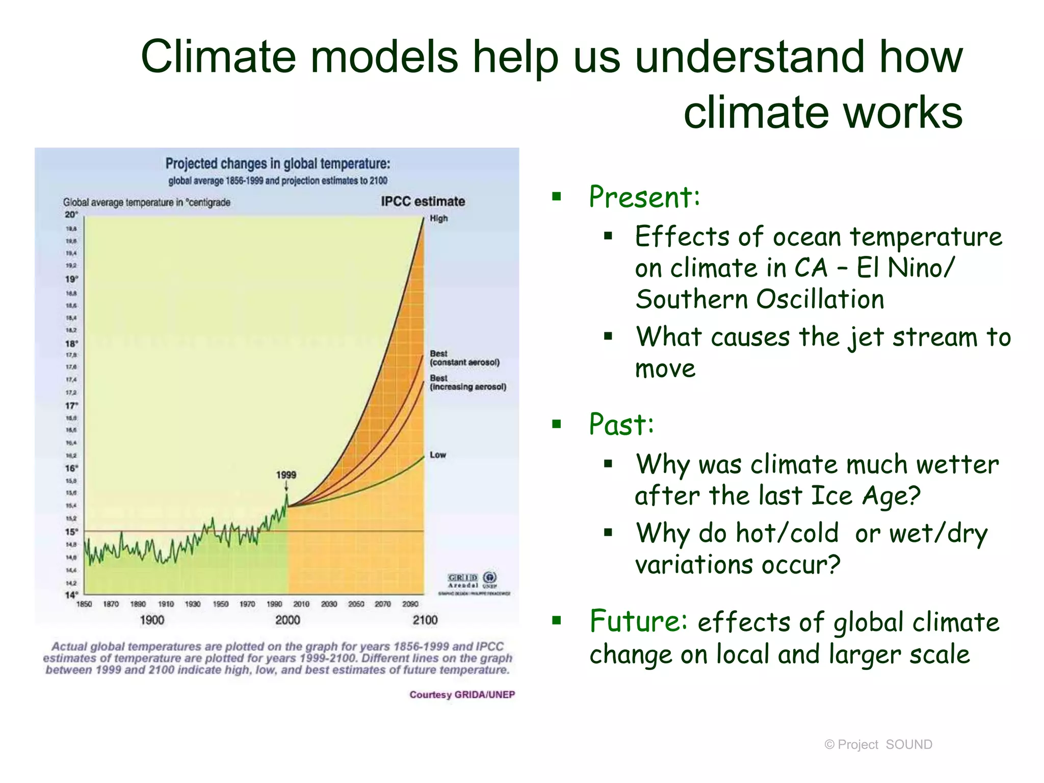 Climate models help us understand how
climate works
 Present:
 Effects of ocean temperature
on climate in CA – El Nino/
Southern Oscillation
 What causes the jet stream to
move

 Past:
 Why was climate much wetter
after the last Ice Age?
 Why do hot/cold or wet/dry
variations occur?

 Future: effects of global climate
change on local and larger scale

© Project SOUND

 