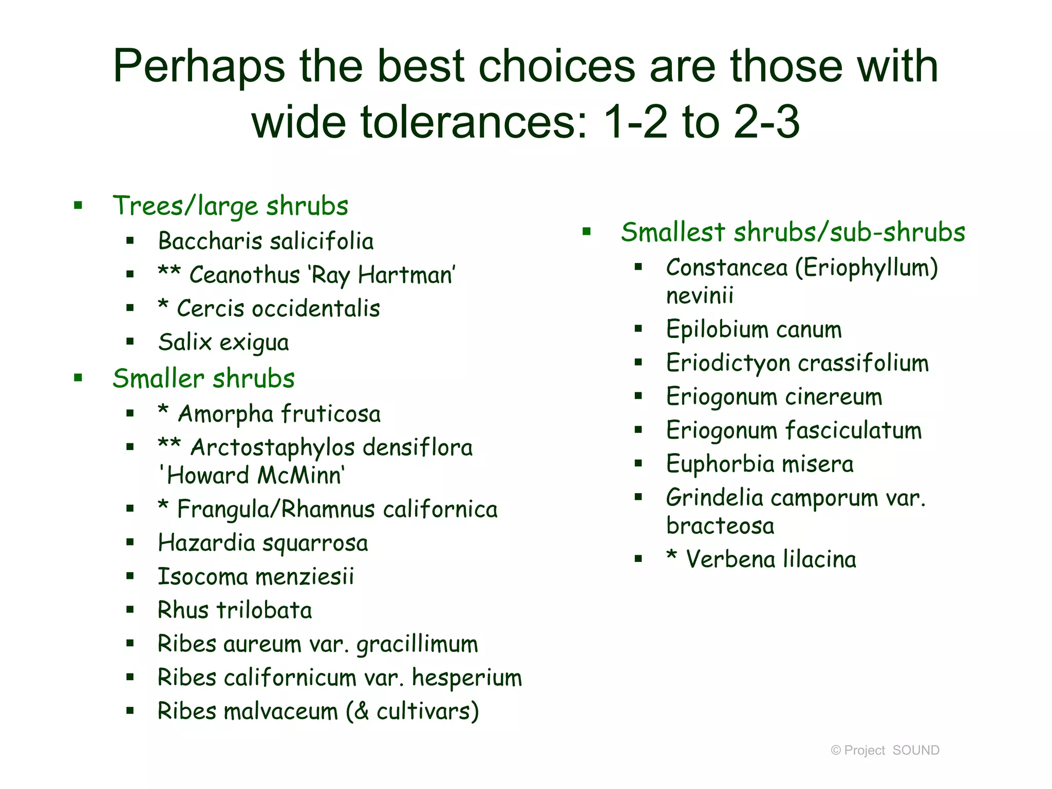 Perhaps the best choices are those with
wide tolerances: 1-2 to 2-3


Trees/large shrubs







Baccharis salicifolia
** Ceanothus ‘Ray Hartman’
* Cercis occidentalis
Salix exigua

Smaller shrubs
 * Amorpha fruticosa
 ** Arctostaphylos densiflora
'Howard McMinn‘
 * Frangula/Rhamnus californica
 Hazardia squarrosa
 Isocoma menziesii
 Rhus trilobata
 Ribes aureum var. gracillimum
 Ribes californicum var. hesperium
 Ribes malvaceum (& cultivars)



Smallest shrubs/sub-shrubs
 Constancea (Eriophyllum)
nevinii
 Epilobium canum
 Eriodictyon crassifolium
 Eriogonum cinereum
 Eriogonum fasciculatum
 Euphorbia misera
 Grindelia camporum var.
bracteosa
 * Verbena lilacina

© Project SOUND

 