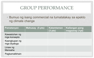 GROUP PERFORMANCE
• Bumuo ng isang commercial na tumatalakay sa epekto
ng climate change
Pamatanyan Mahusay (5 pts) Katamtaman
(3 pts)
Kailangan pang
magsanay (1pt)
Kawastuhan ng
mga konsepto
Kaangkupan ng
mga diyalogo
Linaw ng
Mensahe
Pagkamalikhain
 
