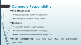 Corporate Responsibility
Role of businesses:
Reducing carbon footprint in operations.
Investing in sustainable supply chains.
Examples:
Microsoft’s carbon-negative pledge.
Tesla’s advancements in EV technology.
IKEA’s commitment to renewable energy use.
Green certifications: LEED and ISO 14001 for sustainable
operations.
 