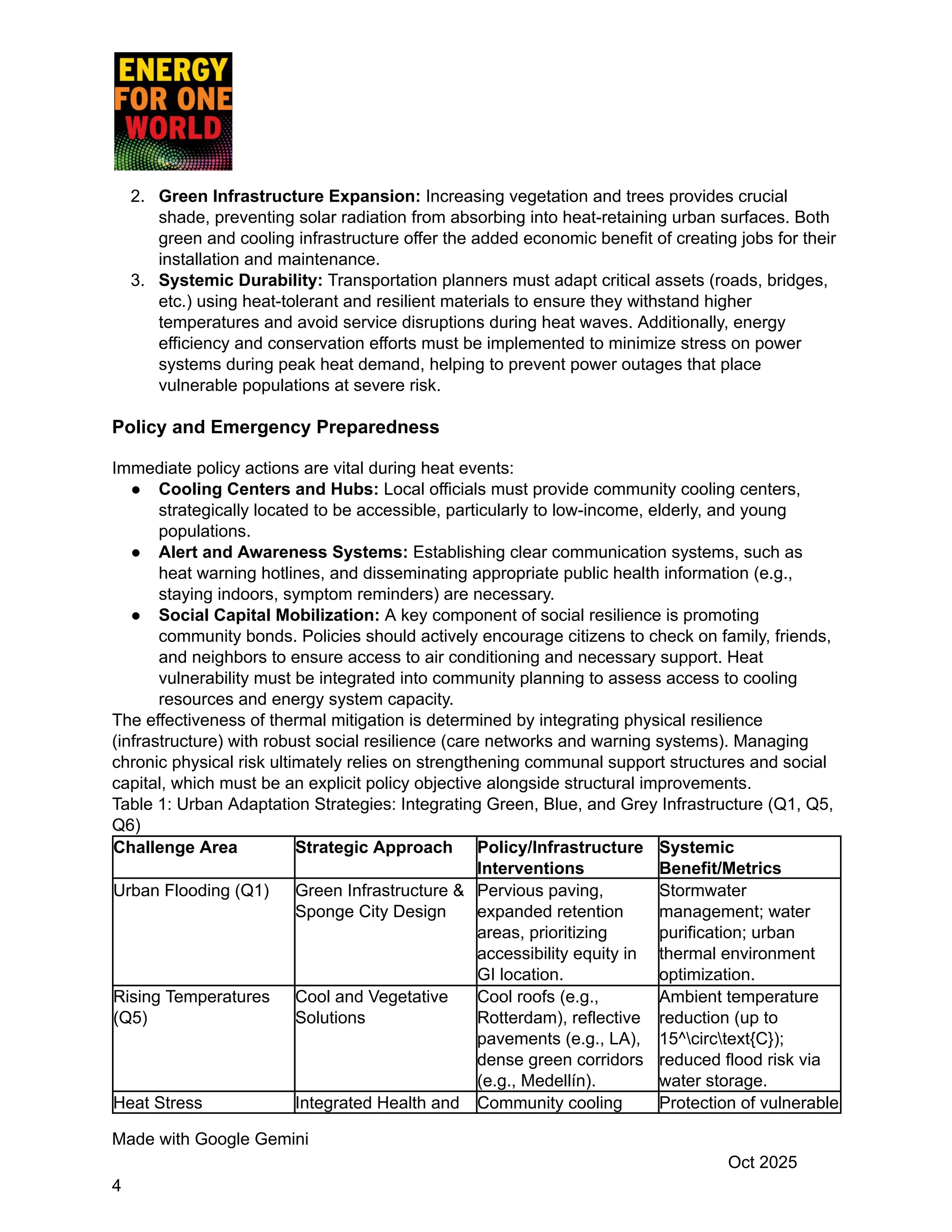 2.​ Green Infrastructure Expansion: Increasing vegetation and trees provides crucial
shade, preventing solar radiation from absorbing into heat-retaining urban surfaces. Both
green and cooling infrastructure offer the added economic benefit of creating jobs for their
installation and maintenance.
3.​ Systemic Durability: Transportation planners must adapt critical assets (roads, bridges,
etc.) using heat-tolerant and resilient materials to ensure they withstand higher
temperatures and avoid service disruptions during heat waves. Additionally, energy
efficiency and conservation efforts must be implemented to minimize stress on power
systems during peak heat demand, helping to prevent power outages that place
vulnerable populations at severe risk.
Policy and Emergency Preparedness
Immediate policy actions are vital during heat events:
●​ Cooling Centers and Hubs: Local officials must provide community cooling centers,
strategically located to be accessible, particularly to low-income, elderly, and young
populations.
●​ Alert and Awareness Systems: Establishing clear communication systems, such as
heat warning hotlines, and disseminating appropriate public health information (e.g.,
staying indoors, symptom reminders) are necessary.
●​ Social Capital Mobilization: A key component of social resilience is promoting
community bonds. Policies should actively encourage citizens to check on family, friends,
and neighbors to ensure access to air conditioning and necessary support. Heat
vulnerability must be integrated into community planning to assess access to cooling
resources and energy system capacity.
The effectiveness of thermal mitigation is determined by integrating physical resilience
(infrastructure) with robust social resilience (care networks and warning systems). Managing
chronic physical risk ultimately relies on strengthening communal support structures and social
capital, which must be an explicit policy objective alongside structural improvements.
Table 1: Urban Adaptation Strategies: Integrating Green, Blue, and Grey Infrastructure (Q1, Q5,
Q6)
Challenge Area Strategic Approach Policy/Infrastructure
Interventions
Systemic
Benefit/Metrics
Urban Flooding (Q1) Green Infrastructure &
Sponge City Design
Pervious paving,
expanded retention
areas, prioritizing
accessibility equity in
GI location.
Stormwater
management; water
purification; urban
thermal environment
optimization.
Rising Temperatures
(Q5)
Cool and Vegetative
Solutions
Cool roofs (e.g.,
Rotterdam), reflective
pavements (e.g., LA),
dense green corridors
(e.g., Medellín).
Ambient temperature
reduction (up to
15^circtext{C});
reduced flood risk via
water storage.
Heat Stress Integrated Health and Community cooling Protection of vulnerable
Made with Google Gemini
Oct 2025
4
 