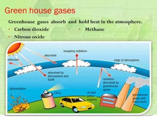 Green house gases
Greenhouse gases absorb and
• Carbon dioxide
• Nitrous oxide
hold heat in the atmosphere.
• Methane
 