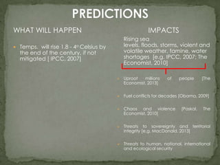 WHAT WILL HAPPEN

IMPACTS
Rising sea
levels, floods, storms, violent and
volatile weather, famine, water
shortages [e.g. IPCC, 2007; The
Economist, 2010]

 Temps. will rise 1.8 - 4o Celsius by

the end of the century, if not
mitigated [ IPCC, 2007]



Uproot
millions
Economist, 2013]

of

people



Fuel conflicts for decades [Obama, 2009]



Chaos and violence
Economist, 2010]



Threats to sovereignty and territorial
integrity [e.g. MacDonald, 2013]



Threats to human, national, international
and ecological security

[Paskal,

[The

The

 