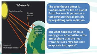 What is it? The greenhouse effect is
fundamental for life on planet
Earth because it generates a
temperature that allows life
by regulating solar radiation
But what happens when so
many gases accumulate in the
atmosphere that the heat
from the sun's rays does not
evaporate into space?
 