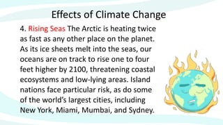 Effects of Climate Change
4. Rising Seas The Arctic is heating twice
as fast as any other place on the planet.
As its ice sheets melt into the seas, our
oceans are on track to rise one to four
feet higher by 2100, threatening coastal
ecosystems and low-lying areas. Island
nations face particular risk, as do some
of the world’s largest cities, including
New York, Miami, Mumbai, and Sydney.
 