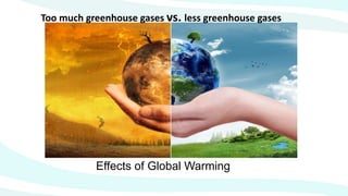 Effects of Global Warming
Too much greenhouse gases vs. less greenhouse gases
 