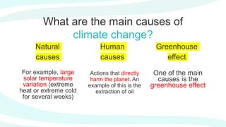 What are the main causes of
climate change?
For example, large
solar temperature
variation (extreme
heat or extreme cold
for several weeks)
One of the main
causes is the
greenhouse effect
Actions that directly
harm the planet. An
example of this is the
extraction of oil
Natural
causes
Greenhouse
effect
Human
causes
 