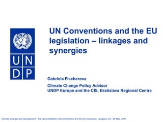 UN Conventions and the EU
                                            legislation – linkages and
                                            synergies


                                          Gabriela Fischerova
                                          Climate Change Policy Advisor
                                          UNDP Europe and the CIS, Bratislava Regional Centre




Climate Change and Development - the nexus between UN Conventions and the EU Accession, Ljubljana, 25 - 26 May, 2011
 