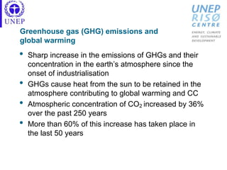 Greenhouse gas (GHG) emissions and
global warming
• Sharp increase in the emissions of GHGs and their
concentration in the earth’s atmosphere since the
onset of industrialisation
• GHGs cause heat from the sun to be retained in the
atmosphere contributing to global warming and CC
• Atmospheric concentration of CO2 increased by 36%
over the past 250 years
• More than 60% of this increase has taken place in
the last 50 years
 