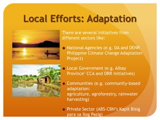 Local Efforts: Adaptation
There are several initiatives from
different sectors like:
National Agencies (e.g. DA and DENR
Philippine Climate Change Adaptation
Project)
Local Government (e.g. Albay
Province’ CCA and DRR initiatives)
Communities (e.g. community-based
adaptation:
agriculture, agroforestry, rainwater
harvesting)
Private Sector (ABS-CBN’s Kapit Bisig
para sa Ilog Pasig)
 