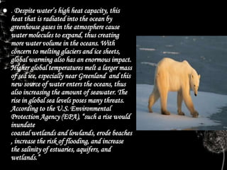  . Despite water’s high heat capacity, this
heat that is radiated into the ocean by
greenhouse gases in the atmosphere cause
water molecules to expand, thus creating
more water volume in the oceans. With
concern to melting glaciers and ice sheets,
global warming also has an enormous impact.
Higher global temperatures melt a larger mass
of sea ice, especially near Greenland and this
new source of water enters the oceans, thus
also increasing the amount of seawater. The
rise in global sea levels poses many threats.
According to the U.S. Environmental
Protection Agency (EPA), “such a rise would
inundate
coastal wetlands and lowlands, erode beaches
, increase the risk of flooding, and increase
the salinity of estuaries, aquifers, and
wetlands.”
 