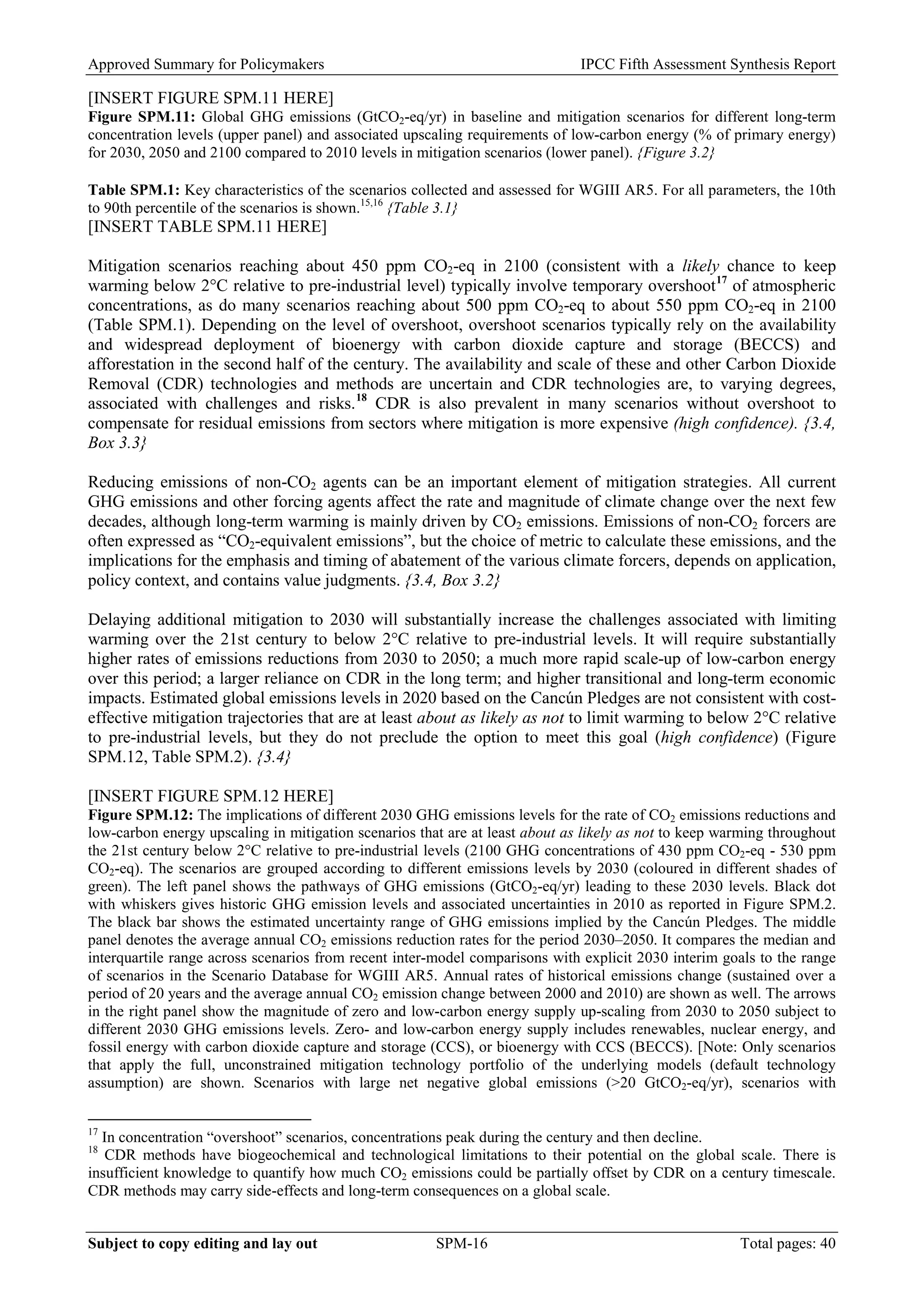 Approved Summary for Policymakers IPCC Fifth Assessment Synthesis Report 
[INSERT FIGURE SPM.11 HERE] 
Figure SPM.11: Global GHG emissions (GtCO2-eq/yr) in baseline and mitigation scenarios for different long-term concentration levels (upper panel) and associated upscaling requirements of low-carbon energy (% of primary energy) for 2030, 2050 and 2100 compared to 2010 levels in mitigation scenarios (lower panel). {Figure 3.2} 
Table SPM.1: Key characteristics of the scenarios collected and assessed for WGIII AR5. For all parameters, the 10th to 90th percentile of the scenarios is shown.15,16 {Table 3.1} 
[INSERT TABLE SPM.11 HERE] 
Mitigation scenarios reaching about 450 ppm CO2-eq in 2100 (consistent with a likely chance to keep warming below 2°C relative to pre-industrial level) typically involve temporary overshoot17 of atmospheric concentrations, as do many scenarios reaching about 500 ppm CO2-eq to about 550 ppm CO2-eq in 2100 (Table SPM.1). Depending on the level of overshoot, overshoot scenarios typically rely on the availability and widespread deployment of bioenergy with carbon dioxide capture and storage (BECCS) and afforestation in the second half of the century. The availability and scale of these and other Carbon Dioxide Removal (CDR) technologies and methods are uncertain and CDR technologies are, to varying degrees, associated with challenges and risks.18 CDR is also prevalent in many scenarios without overshoot to compensate for residual emissions from sectors where mitigation is more expensive (high confidence). {3.4, Box 3.3} 
Reducing emissions of non-CO2 agents can be an important element of mitigation strategies. All current GHG emissions and other forcing agents affect the rate and magnitude of climate change over the next few decades, although long-term warming is mainly driven by CO2 emissions. Emissions of non-CO2 forcers are often expressed as “CO2-equivalent emissions”, but the choice of metric to calculate these emissions, and the implications for the emphasis and timing of abatement of the various climate forcers, depends on application, policy context, and contains value judgments. {3.4, Box 3.2} 
Delaying additional mitigation to 2030 will substantially increase the challenges associated with limiting warming over the 21st century to below 2°C relative to pre-industrial levels. It will require substantially higher rates of emissions reductions from 2030 to 2050; a much more rapid scale-up of low-carbon energy over this period; a larger reliance on CDR in the long term; and higher transitional and long-term economic impacts. Estimated global emissions levels in 2020 based on the Cancún Pledges are not consistent with cost- effective mitigation trajectories that are at least about as likely as not to limit warming to below 2°C relative to pre-industrial levels, but they do not preclude the option to meet this goal (high confidence) (Figure SPM.12, Table SPM.2). {3.4} 
[INSERT FIGURE SPM.12 HERE] 
Figure SPM.12: The implications of different 2030 GHG emissions levels for the rate of CO2 emissions reductions and low-carbon energy upscaling in mitigation scenarios that are at least about as likely as not to keep warming throughout the 21st century below 2°C relative to pre-industrial levels (2100 GHG concentrations of 430 ppm CO2-eq - 530 ppm CO2-eq). The scenarios are grouped according to different emissions levels by 2030 (coloured in different shades of green). The left panel shows the pathways of GHG emissions (GtCO2-eq/yr) leading to these 2030 levels. Black dot with whiskers gives historic GHG emission levels and associated uncertainties in 2010 as reported in Figure SPM.2. The black bar shows the estimated uncertainty range of GHG emissions implied by the Cancún Pledges. The middle panel denotes the average annual CO2 emissions reduction rates for the period 2030–2050. It compares the median and interquartile range across scenarios from recent inter-model comparisons with explicit 2030 interim goals to the range of scenarios in the Scenario Database for WGIII AR5. Annual rates of historical emissions change (sustained over a period of 20 years and the average annual CO2 emission change between 2000 and 2010) are shown as well. The arrows in the right panel show the magnitude of zero and low-carbon energy supply up-scaling from 2030 to 2050 subject to different 2030 GHG emissions levels. Zero- and low-carbon energy supply includes renewables, nuclear energy, and fossil energy with carbon dioxide capture and storage (CCS), or bioenergy with CCS (BECCS). [Note: Only scenarios that apply the full, unconstrained mitigation technology portfolio of the underlying models (default technology assumption) are shown. Scenarios with large net negative global emissions (>20 GtCO2-eq/yr), scenarios with 
17 In concentration “overshoot” scenarios, concentrations peak during the century and then decline. 
18 CDR methods have biogeochemical and technological limitations to their potential on the global scale. There is insufficient knowledge to quantify how much CO2 emissions could be partially offset by CDR on a century timescale. CDR methods may carry side-effects and long-term consequences on a global scale. Subject to copy editing and lay out SPM-16 Total pages: 40 
 