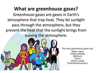 What are greenhouse gases?
Greenhouse gases are gases in Earth’s
atmosphere that trap heat. They let sunlight
pass through the atmosphere, but they
prevent the heat that the sunlight brings from
leaving the atmosphere.
The main greenhouse gases are:
Water vapor
Carbon dioxide
Methane
Ozone
Nitrous oxide
Chlorofluorocarbons
 
