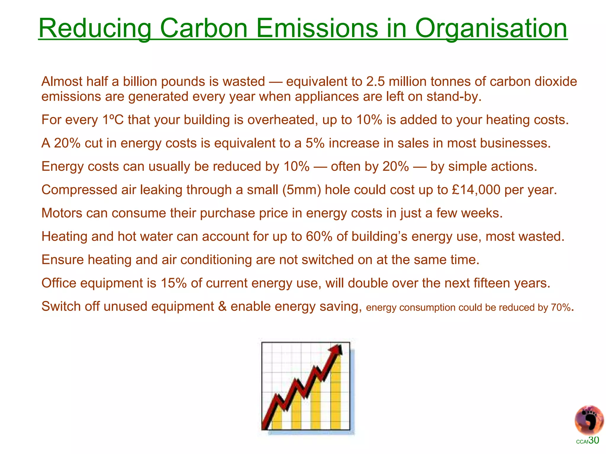 Reducing Carbon Emissions in Organisation Almost half a billion pounds is wasted — equivalent to 2.5 million tonnes of carbon dioxide emissions are generated every year when appliances are left on stand-by. For every 1ºC that your building is overheated, up to 10% is added to your heating costs. A 20% cut in energy costs is equivalent to a 5% increase in sales in most businesses. Energy costs can usually be reduced by 10% — often by 20% — by simple actions. Compressed air leaking through a small (5mm) hole could cost up to £14,000 per year. Motors can consume their purchase price in energy costs in just a few weeks. Heating and hot water can account for up to 60% of building’s energy use, most wasted. Ensure heating and air conditioning are not switched on at the same time. Office equipment is 15% of current energy use, will double over the next fifteen years. Switch off unused equipment & enable energy saving,  energy consumption could be reduced by 70% . 