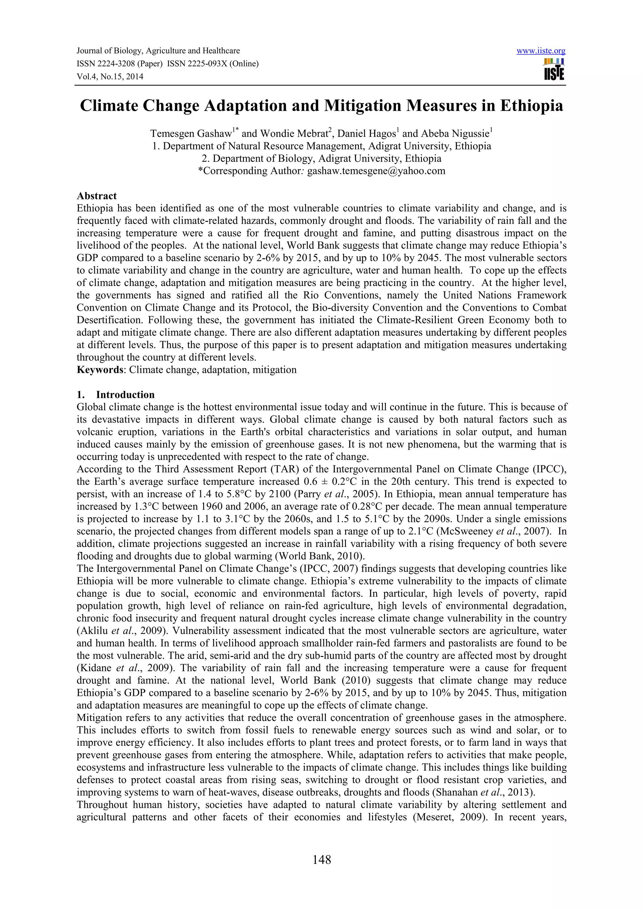 Climate change adaptation and mitigation measures in ethiopia | PDF