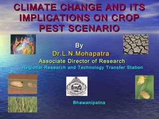 CLIMATE CHANGE AND ITSCLIMATE CHANGE AND ITS
IMPLICATIONS ON CROPIMPLICATIONS ON CROP
PEST SCENARIOPEST SCENARIO
ByBy
Dr.L.N.MohapatraDr.L.N.Mohapatra
Associate Director of ResearchAssociate Director of Research
Regional Research and Technology Transfer StationRegional Research and Technology Transfer Station
BhawanipatnaBhawanipatna
 