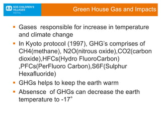 Green House Gas and Impacts
 Gases responsible for increase in temperature
and climate change
 In Kyoto protocol (1997), GHG’s comprises of
CH4(methane), N2O(nitrous oxide),CO2(carbon
dioxide),HFCs(Hydro FluoroCarbon)
,PFCs(PerFluoro Carbon),S6F(Sulphur
Hexafluoride)
 GHGs helps to keep the earth warm
 Absensce of GHGs can decrease the earth
temperature to -17°
 