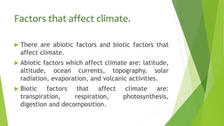 Factors that affect climate.
 There are abiotic factors and biotic factors that
affect climate.
 Abiotic factors which affect climate are: latitude,
altitude, ocean currents, topography, solar
radiation, evaporation, and volcanic activities.
 Biotic factors that affect climate are:
transpiration, respiration, photosynthesis,
digestion and decomposition.
 
