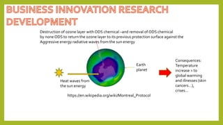 https://en.wikipedia.org/wiki/Montreal_Protocol
Destruction of ozone layer with ODS chemical –and removal of ODS chemical
by none ODS to return the ozone layer to its previous protection surface against the
Aggressive energy radiative waves from the sun energy
Earth
planet
Heat waves from
the sun energy
Consequences:
Temperature
increase > to
global warming
and illnesses (skin
cancers…),
crises…
 