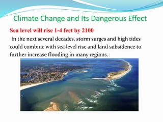 Climate Change and Its Dangerous Effect
Sea level will rise 1-4 feet by 2100
In the next several decades, storm surges and high tides
could combine with sea level rise and land subsidence to
further increase flooding in many regions.
 