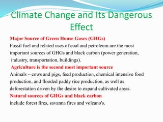 Climate Change and Its Dangerous
Effect
Major Source of Green House Gases (GHGs)
Fossil fuel and related uses of coal and petroleum are the most
important sources of GHGs and black carbon (power generation,
industry, transportation, buildings).
Agriculture is the second most important source
Animals – cows and pigs, feed production, chemical intensive food
production, and flooded paddy rice production, as well as
deforestation driven by the desire to expand cultivated areas.
Natural sources of GHGs and black carbon
include forest fires, savanna fires and volcano's.
 