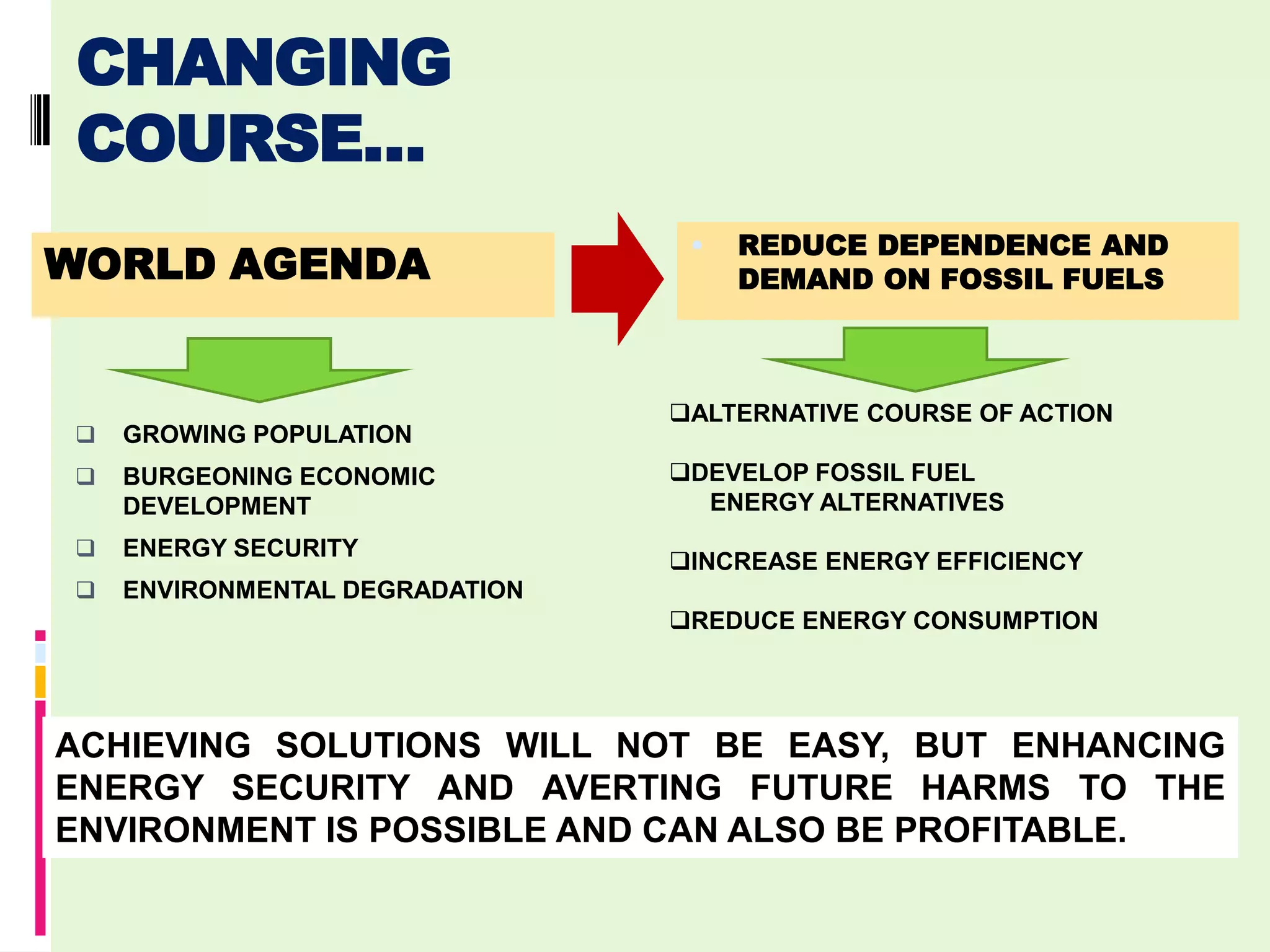 CHANGING
COURSE…
                                 •   REDUCE DEPENDENCE AND
WORLD AGENDA                         DEMAND ON FOSSIL FUELS



                                ALTERNATIVE COURSE OF ACTION
   GROWING POPULATION
   BURGEONING ECONOMIC         DEVELOP FOSSIL FUEL
    DEVELOPMENT                   ENERGY ALTERNATIVES
   ENERGY SECURITY
                                INCREASE ENERGY EFFICIENCY
   ENVIRONMENTAL DEGRADATION
                                REDUCE ENERGY CONSUMPTION




ACHIEVING SOLUTIONS WILL NOT BE EASY, BUT ENHANCING
ENERGY SECURITY AND AVERTING FUTURE HARMS TO THE
ENVIRONMENT IS POSSIBLE AND CAN ALSO BE PROFITABLE.
 