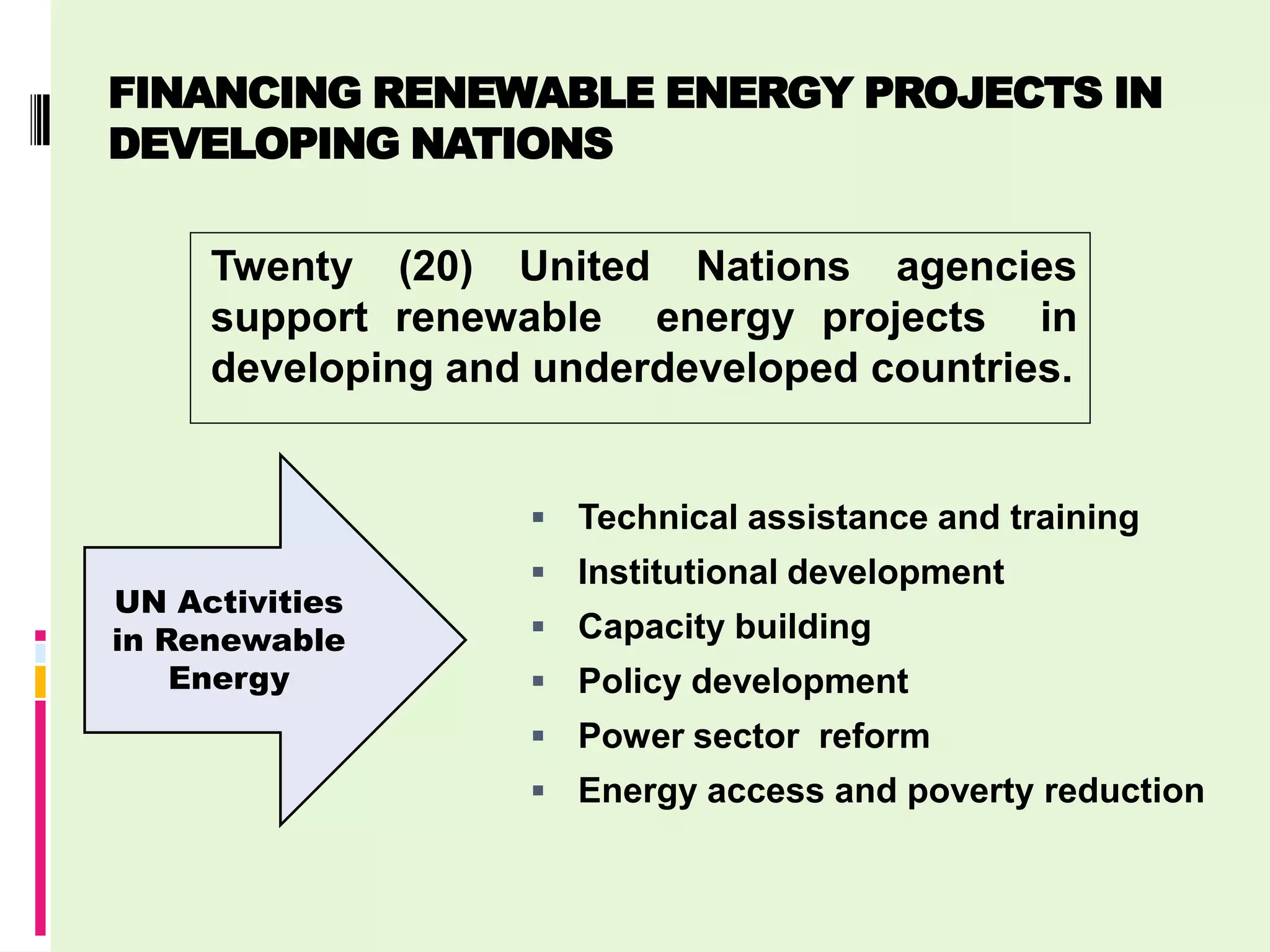 FINANCING RENEWABLE ENERGY PROJECTS IN
DEVELOPING NATIONS

     Twenty (20) United Nations agencies
     support renewable energy projects in
     developing and underdeveloped countries.


                    Technical assistance and training
                    Institutional development
UN Activities
in Renewable        Capacity building
    Energy          Policy development
                    Power sector reform
                    Energy access and poverty reduction
 