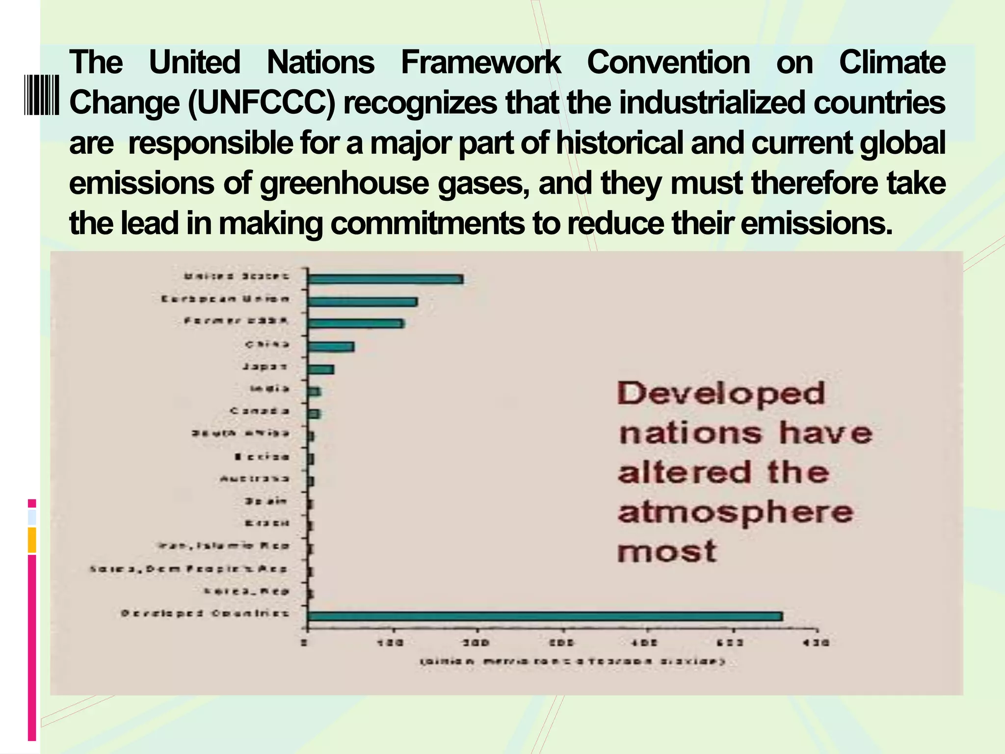The United Nations Framework Convention on Climate
Change (UNFCCC) recognizes that the industrialized countries
are responsible for a major part of historical and current global
emissions of greenhouse gases, and they must therefore take
the lead in making commitments to reduce their emissions.
 