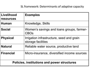 SL framework: Determinants of adaptive capacity

Livelihood        Examples
resources
Human             Knowledge, Skills
Social            Women’s savings and loans groups, farmer-
                  CBOs
Physical          Irrigation infrastructure, seed and grain
                  storage facilities
Natural           Reliable water source, productive land

Financial         Micro-insurance, diversified income sources

          Policies, institutions and power structures
 