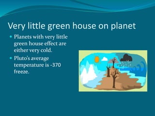 Very little green house on planet
 Planets with very little
green house effect are
either very cold.
 Pluto’s average
temperature is -370
freeze.
 