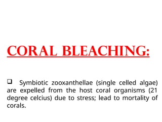 Coral Bleaching:
 Symbiotic zooxanthellae (single celled algae)
are expelled from the host coral organisms (21
degree celcius) due to stress; lead to mortality of
corals.
 