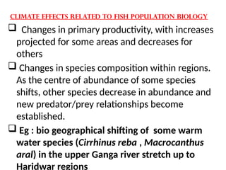 Climate effects related to fish population biology
 Changes in primary productivity, with increases
projected for some areas and decreases for
others
 Changes in species composition within regions.
As the centre of abundance of some species
shifts, other species decrease in abundance and
new predator/prey relationships become
established.
 Eg : bio geographical shifting of some warm
water species (Cirrhinus reba , Macrocanthus
aral) in the upper Ganga river stretch up to
Haridwar regions
 