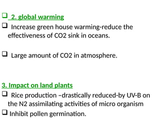  2. global warming
 Increase green house warming-reduce the
effectiveness of CO2 sink in oceans.
 Large amount of CO2 in atmosphere.
3. Impact on land plants
 Rice production –drastically reduced-by UV-B on
the N2 assimilating activities of micro organism
 Inhibit pollen germination.
 