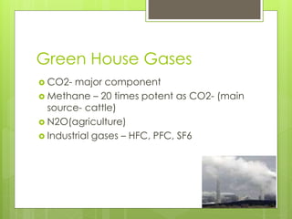 Green House Gases
 CO2- major component
 Methane – 20 times potent as CO2- (main
source- cattle)
 N2O(agriculture)
 Industrial gases – HFC, PFC, SF6
 