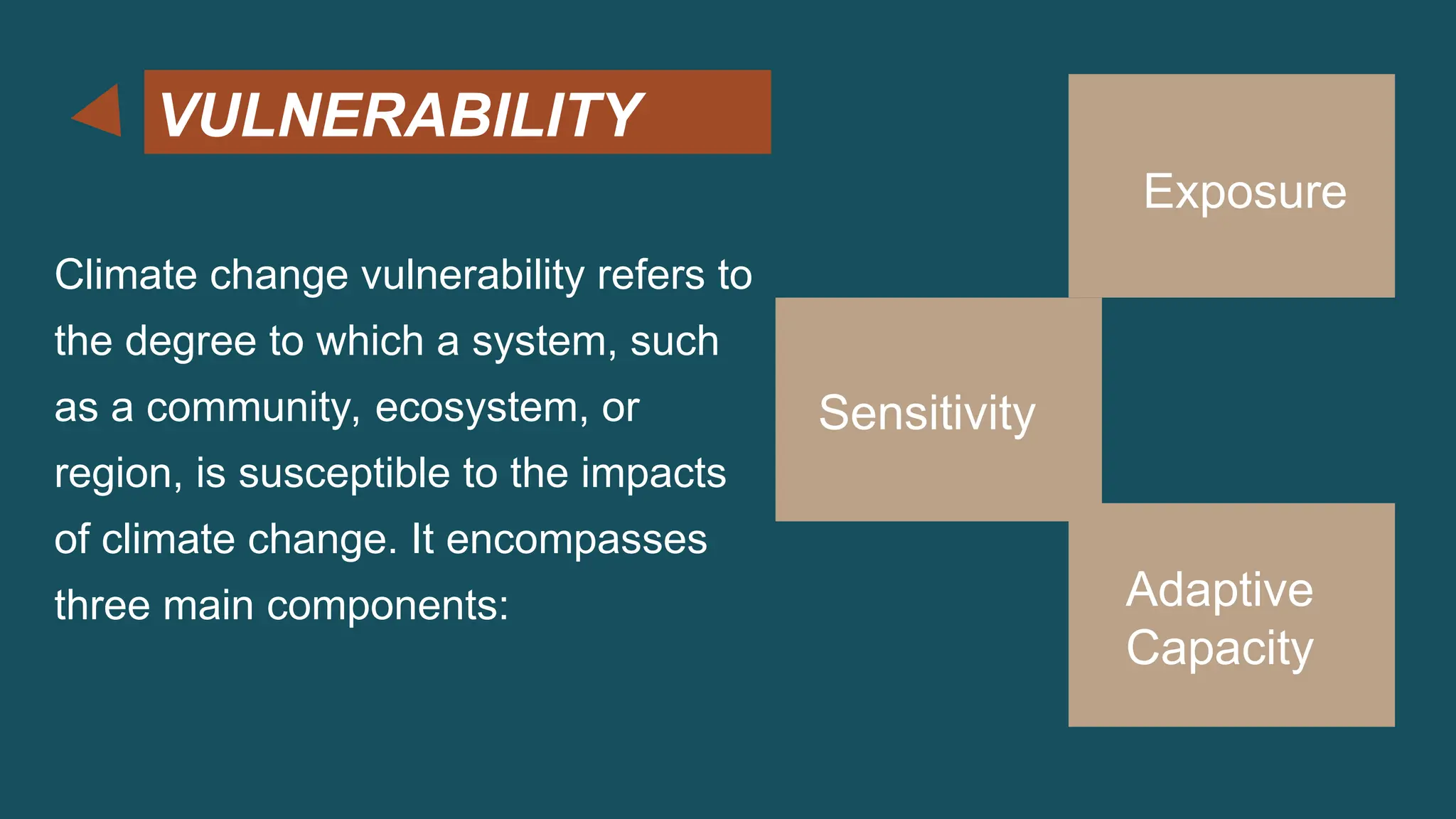 VULNERABILITY
Climate change vulnerability refers to
the degree to which a system, such
as a community, ecosystem, or
region, is susceptible to the impacts
of climate change. It encompasses
three main components:
Exposure
Sensitivity
Adaptive
Capacity
 