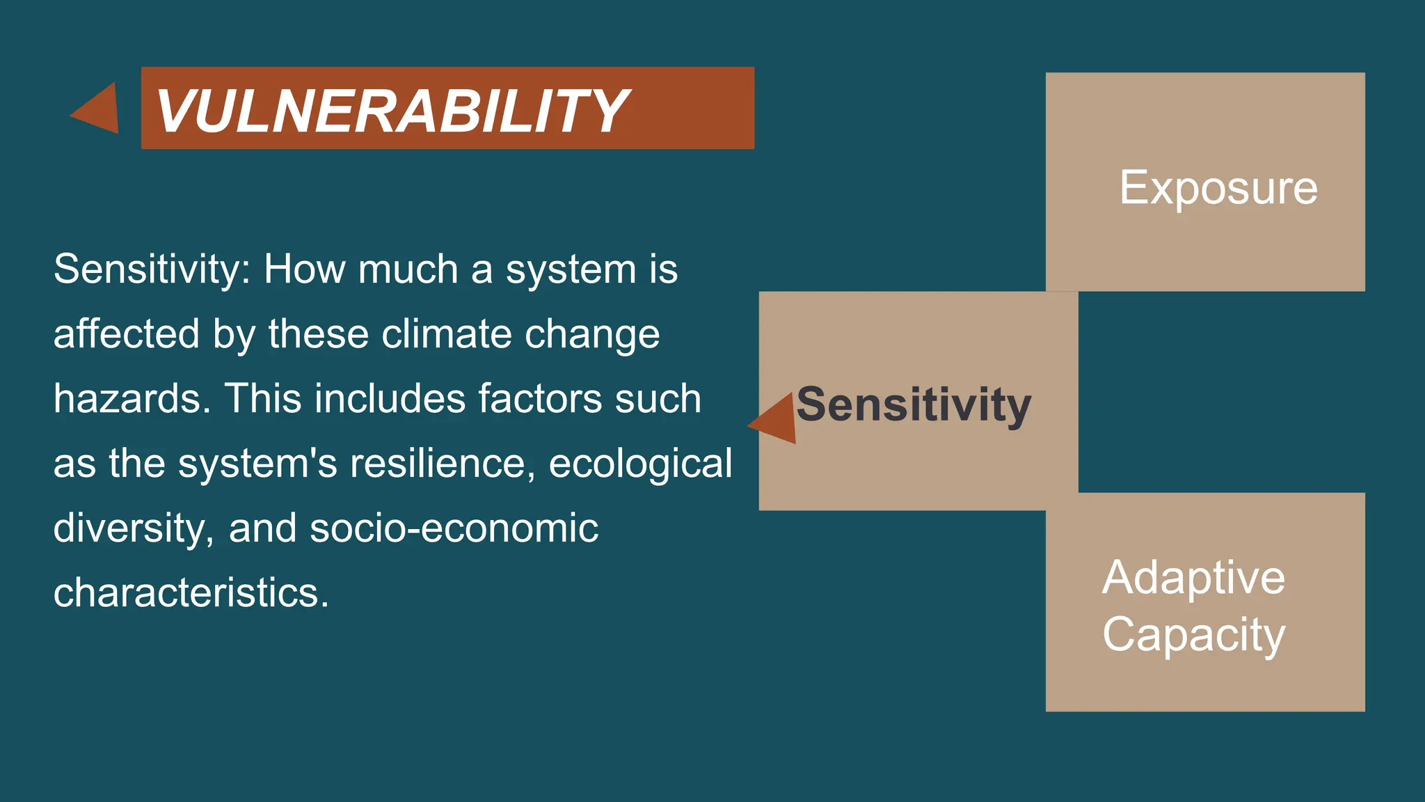 VULNERABILITY
Sensitivity: How much a system is
affected by these climate change
hazards. This includes factors such
as the system's resilience, ecological
diversity, and socio-economic
characteristics.
Exposure
Sensitivity
Adaptive
Capacity
 