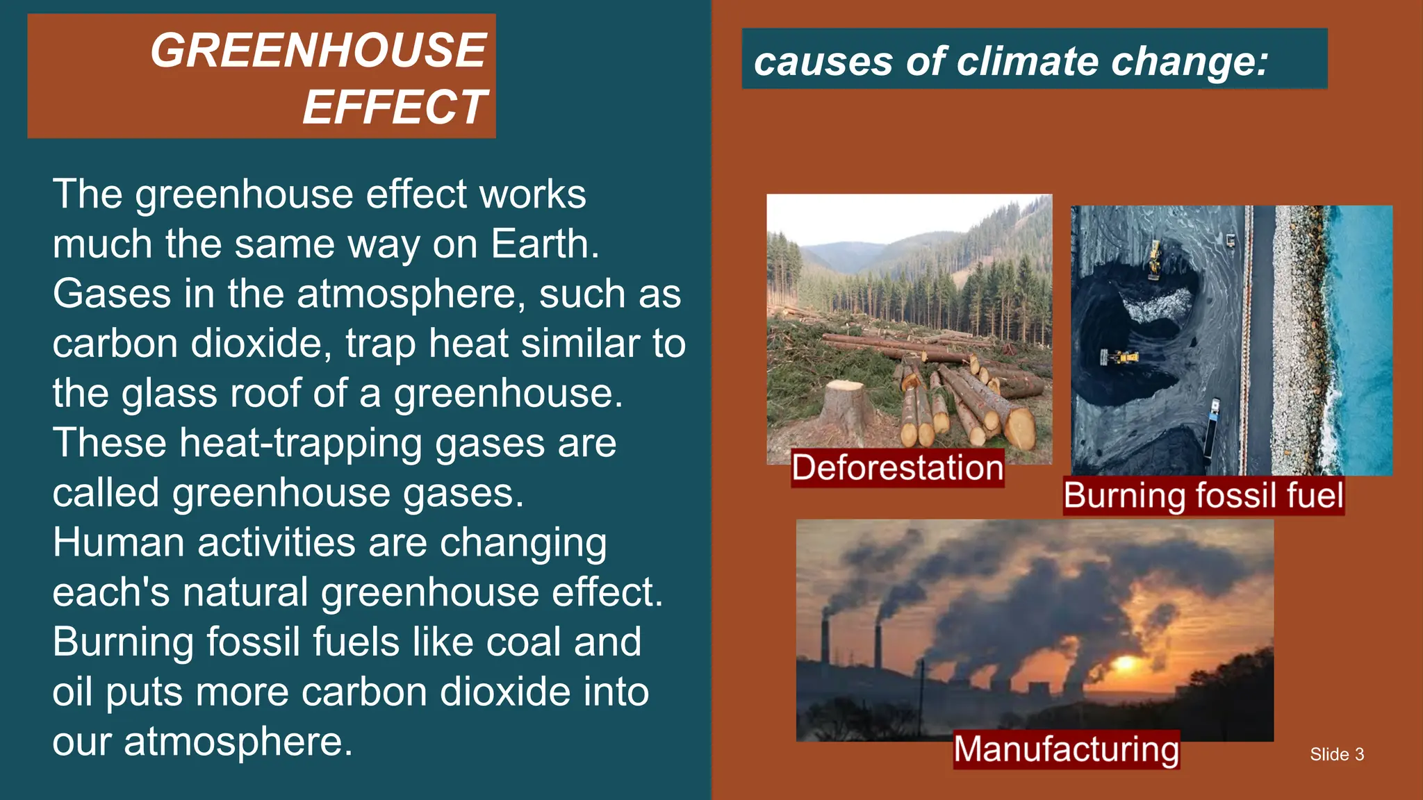Slide 3
STYLE/Presentation Template
GREENHOUSE
EFFECT
The greenhouse effect works
much the same way on Earth.
Gases in the atmosphere, such as
carbon dioxide, trap heat similar to
the glass roof of a greenhouse.
These heat-trapping gases are
called greenhouse gases.
Human activities are changing
each's natural greenhouse effect.
Burning fossil fuels like coal and
oil puts more carbon dioxide into
our atmosphere.
causes of climate change:
 