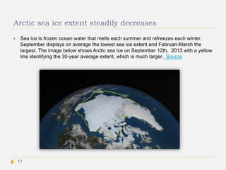 Arctic sea ice extent steadily decreases
 Sea ice is frozen ocean water that melts each summer and refreezes each winter.
September displays on average the lowest sea ice extent and Februari-March the
largest. The image below shows Arctic sea ice on September 12th, 2013 with a yellow
line identifying the 30-year average extent, which is much larger. Source
17
 