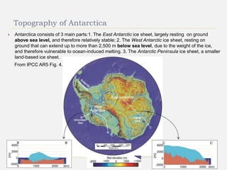 Topography of Antarctica
 Antarctica consists of 3 main parts:1. The East Antarctic ice sheet, largely resting on ground
above sea level, and therefore relatively stable; 2. The West Antarctic ice sheet, resting on
ground that can extend up to more than 2,500 m below sea level, due to the weight of the ice,
and therefore vulnerable to ocean-induced melting. 3. The Antarctic Peninsula ice sheet, a smaller
land-based ice sheet.
From IPCC AR5 Fig. 4.18
25
 