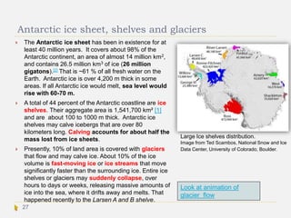 Antarctic ice sheet, shelves and glaciers
 The Antarctic ice sheet has been in existence for at
least 40 million years. It covers about 98% of the
Antarctic continent, an area of almost 14 million km2,
and contains 26.5 million km3 of ice (26 million
gigatons).[2] That is ~61 % of all fresh water on the
Earth. Antarctic ice is over 4,200 m thick in some
areas. If all Antarctic ice would melt, sea level would
rise with 60-70 m.
 A total of 44 percent of the Antarctic coastline are ice
shelves. Their aggregate area is 1,541,700 km² [1]
and are about 100 to 1000 m thick. Antarctic ice
shelves may calve icebergs that are over 80
kilometers long. Calving accounts for about half the
mass lost from ice sheets.
 Presently, 10% of land area is covered with glaciers
that flow and may calve ice. About 10% of the ice
volume is fast-moving ice or ice streams that move
significantly faster than the surrounding ice. Entire ice
shelves or glaciers may suddenly collapse, over
hours to days or weeks, releasing massive amounts of
ice into the sea, where it drifts away and melts. That
happened recently to the Larsen A and B shelve.

Large Ice shelves distribution.
Image from Ted Scambos, National Snow and Ice
Data Center, University of Colorado, Boulder.
Look at animation of
glacier flow
27
 