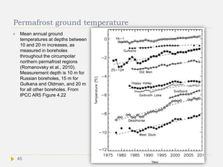 Permafrost ground temperature
 Mean annual ground
temperatures at depths between
10 and 20 m increases, as
measured in boreholes
throughout the circumpolar
northern permafrost regions
(Romanovsky et al., 2010).
Measurement depth is 10 m for
Russian boreholes, 15 m for
Gulkana and Oldman, and 20 m
for all other boreholes. From
IPCC AR5 Figure 4.22
45
 