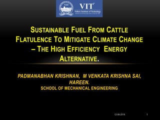 SUSTAINABLE FUEL FROM CATTLE
FLATULENCE TO MITIGATE CLIMATE CHANGE
– THE HIGH EFFICIENCY ENERGY
ALTERNATIVE.
PADMANABHAN KRISHNAN, M VENKATA KRISHNA SAI,
HAREEN.
SCHOOL OF MECHANICAL ENGINEERING
12-06-2019 1
 
