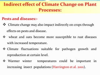  Climate change may also impact indirectly on crops through
effects on pests and disease.
 wheat and oats become more susceptible to rust diseases
with increased temperature.
 Climate fluctuations suitable for pathogen growth and
reproduction at certain level.
 Warmer winter temperatures could be important in
increasing insect populations (Harrington et al. 2001).
Pests and diseases:-
Indirect effect of Climate Change on Plant
Processes:
 