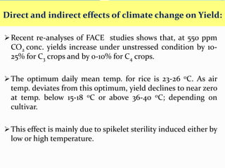 Recent re-analyses of FACE studies shows that, at 550 ppm
CO2 conc. yields increase under unstressed condition by 10-
25% for C3 crops and by 0-10% for C4 crops.
The optimum daily mean temp. for rice is 23-26 0C. As air
temp. deviates from this optimum, yield declines to near zero
at temp. below 15-18 0C or above 36-40 0C; depending on
cultivar.
This effect is mainly due to spikelet sterility induced either by
low or high temperature.
Direct and indirect effects of climate change on Yield:
 