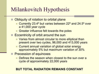 Milankovitch HypothesisObliquity of rotation to orbital planeCurrently 23.4º but varies between 22º and 24.5º over a 41,000 year cycleGreater influence felt towards the polesEccentricity of orbit around the sunVaries from almost circular to more elliptical than present over two cycles, 96,000 and 413,000 yearsCurrent annual variation of global solar energy approximately 5% but maximum variation of 30%Precession of equinoxesDefines the season when closest to the sun over a cycle of approximately 22,000 yearsBUT TOTAL RADIATION REMAINS CONSTANT