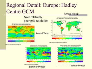 Regional Detail: Europe: Hadley Centre GCMAnnual PrecipNote relativelypoor grid resolutionAnnual TempWinter PrecipSummer Precip