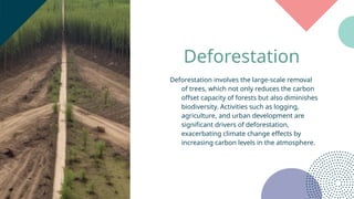 Deforestation
Deforestation involves the large-scale removal
of trees, which not only reduces the carbon
offset capacity of forests but also diminishes
biodiversity. Activities such as logging,
agriculture, and urban development are
significant drivers of deforestation,
exacerbating climate change effects by
increasing carbon levels in the atmosphere.
 