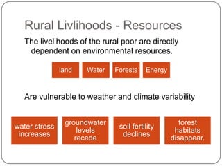 Rural Livlihoods - Resources
   The livelihoods of the rural poor are directly
    dependent on environmental resources.

               land   Water   Forests    Energy



   Are vulnerable to weather and climate variability


                groundwater                          forest
water stress                   soil fertility
                    levels                         habitats
 increases                      declines
                   recede                         disappear.
 