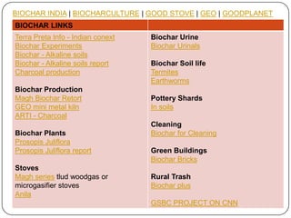 BIOCHAR INDIA | BIOCHARCULTURE | GOOD STOVE | GEO | GOODPLANET
BIOCHAR LINKS
Terra Preta Info - Indian conext   Biochar Urine
Biochar Experiments                Biochar Urinals
Biochar - Alkaline soils
Biochar - Alkaline soils report    Biochar Soil life
Charcoal production                Termites
                                   Earthworms
Biochar Production
Magh Biochar Retort               Pottery Shards
GEO mini metal kiln                In soils
ARTI - Charcoal
                                   Cleaning
Biochar Plants                     Biochar for Cleaning
Prosopis Juliflora
Prosopis Juliflora report          Green Buildings
                                   Biochar Bricks
Stoves
Magh series tlud woodgas or        Rural Trash
microgasifier stoves               Biochar plus
Anila
                                   GSBC PROJECT ON CNN
 